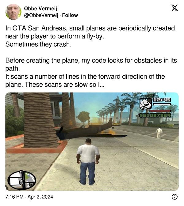 Oyuncuların 20 yıldır çözmek için kafa patlattıkları, GTA: San Andreas'ın gizemli uçak kazalarının nedenini ise oyunun geliştiricilerinden olan Obbe Vermeij Twitter (X) hesabından açıkladı.