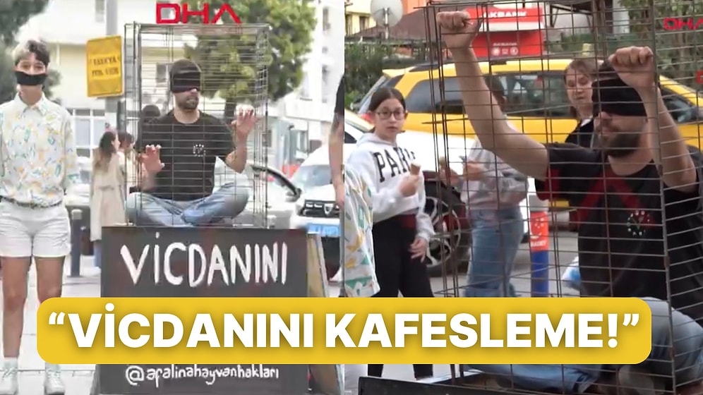 4 Nisan Dünya Sokak Hayvanları Günü İçin Kafese Girip Ağızlarını Bağlayarak Dikkat Çekmek İstediler