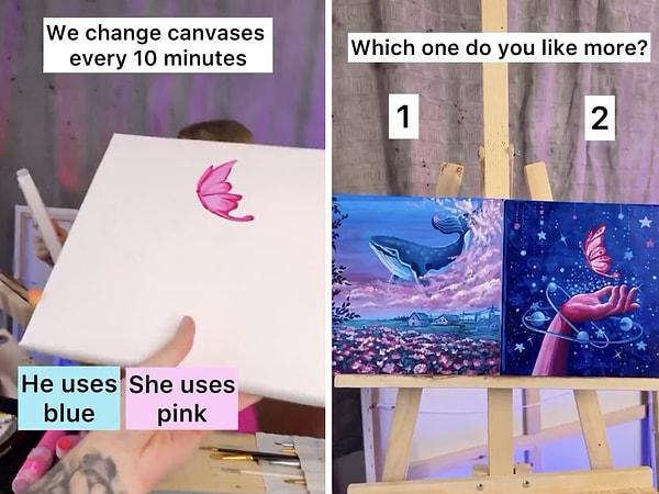 Sosyal medyada iki arkadaş, 10 dakikada bir ellerindeki tabloyu birbirlerine vererek resme kaldığı yerden devam ettikleri bir etkinlik yaptı.
