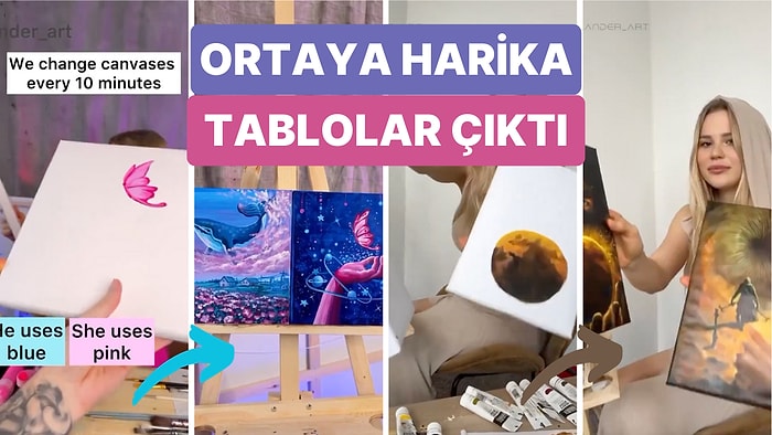 10 Dakikada Bir Ellerindeki Resmi Birbirlerine Vererek Sadece 2 Renkle Muazzam Tablolar Yapan İkili
