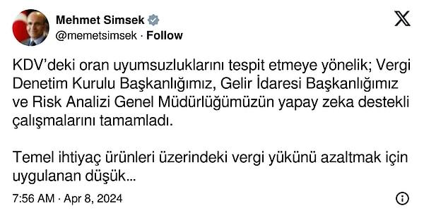 Hazine ve Maliye Bakanı Mehmet Şimşek, vergi kayıp ve kaçağına sebebiyet vererek haksız kazanç sağlayanların takipçisi olmaya devam edeceklerini söyledi.