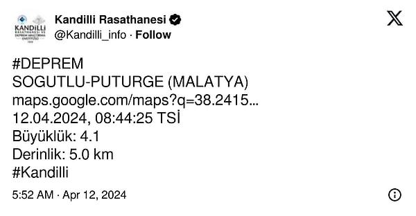 Kandilli Rasathanesi de depremin büyüklüğünü 4.1 olarak duyurdu.