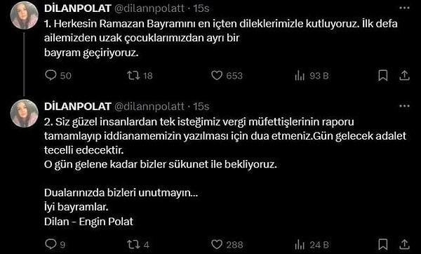 Ardından bayramda Dilan Polat'ın Twitter hesabı üzerinden bayram mesajı yayınlandığını gördük.