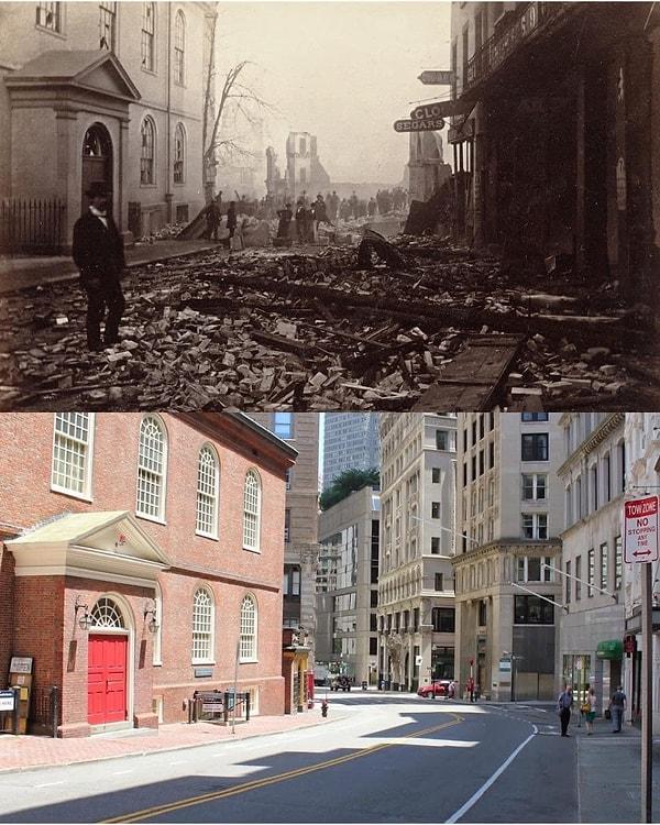 9. 1872'deki Boston Büyük Yangını sonrası yanan yerin 2024'deki hali.
