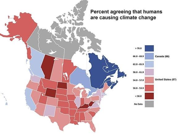 7. Kuzey Amerika'da iklim değişikliğine insanların yol açtığına inanan nüfus dağılımı.