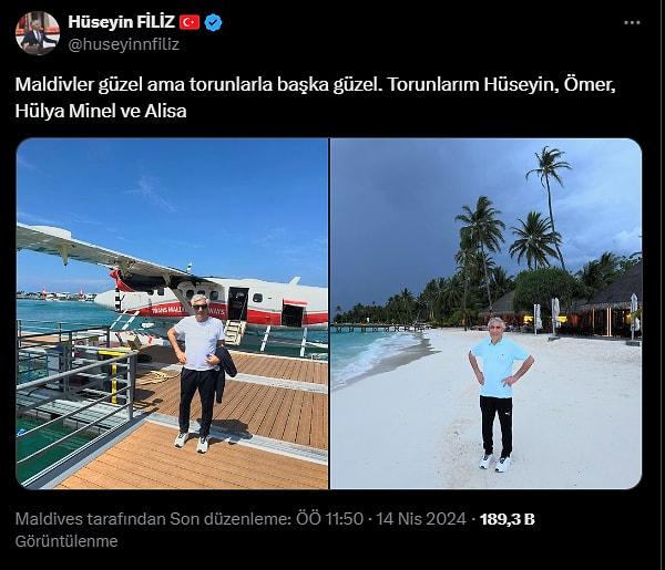 Twitter (X) hesabı üzerinden tatil pozunu paylaşan Filiz, 'Maldivler güzel ama torunlarla başka güzel.' notunu düştü. Filiz'in paylaşımı ise kısa sürede tepki topladı.