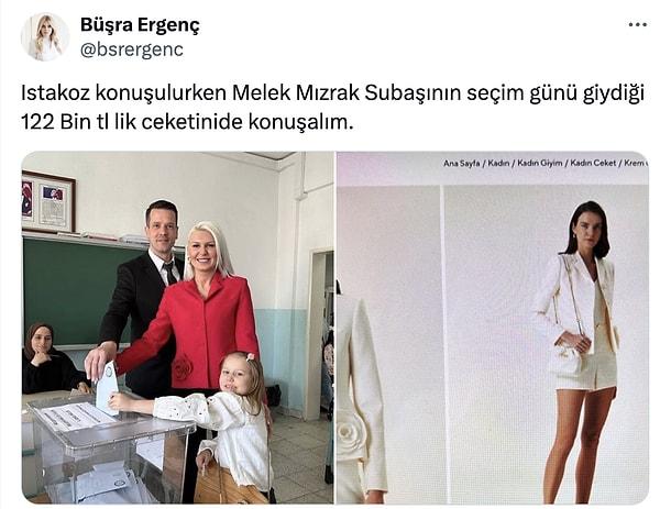 Tartışmalar sürerken Ak Parti Gençlik Kolları 7. Dönem MKYK üyesi olduğunu iddia eden Büşra Ergenç isimli kullanıcı, Bilecik Belediye Başkanı Melek Mızrak Subaşı'nın seçim günü giydiği ceketi hedef aldı.