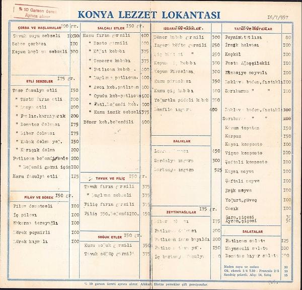 Konya Tarihi, Konya Lezzet Lokantası'nın 1957 yılından kalan menüsünün fotoğrafını paylaştı.