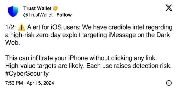İşte, Trust Wallet tarafından yapılan iOS kullanıcıları için uyarı 👇