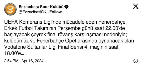 Turuncu-beyazlılar, Fenerbahçe Futbol A Takımı'nın Avrupa maçından dolayı maç saatinin 18'e alındığını paylaştı ve futbol takımına başarılar diledi 👇