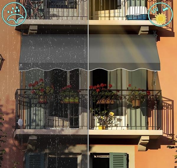 5. Balkonunuzda keyifli vakit geçirmeniz için tasarlanmış olan kelepçeli balkon tentesi, sadece yaz aylarındaki kavurucu sıcaklara karşı değil, aynı zamanda yağmur ve güneş ışınlarının zararlı etkilerine karşı da sizlere koruma sağlar.