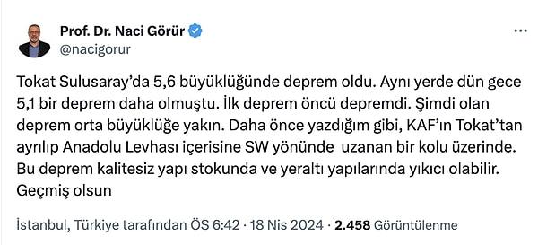 Prof Dr. Naci Görür, Tokat'ta meydana gelen deprem sonrası Twitter'dan yaptığı paylaşımda şu ifadeleri kullandı: 👇