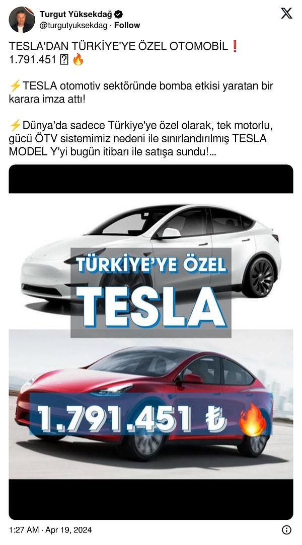İşte, Turgut Yüksekdağ tarafından yapılan Tesla Model Y paylaşımı 👇