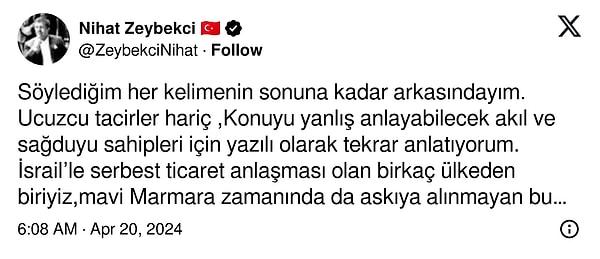 AK Parti Genel Başkan Yardımcısı Zeybekçi, gündem olan açıklamaları için “sözlerimin arkasındayım” paylaşımında bulundu.