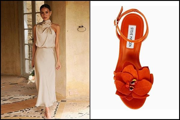 Bu kombin gerçekten göz alıcı! Soft saten elbise ile sıcak bir tarz yaratan turuncu topuklu ayakkabılar, tam bir uyum içinde.