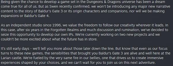 Açıklamaya göre Baldur's Gate 3 ek paketi veya Baldur's Gate 4 olmayacak.