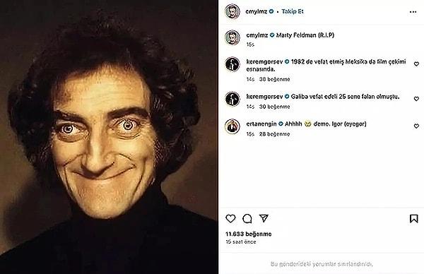 Sosyal medyada ünlü oyuncunun "birbirinden fazla ayrı" bulunan göğüsleri hakkında yorumlar yapılmaya başladı. Cem Yılmaz, tam da o zamanda 1982 yılında hayatını kaybeden komedyen Marty Feldman'ın fotoğrafını paylaşınca ortalık karıştı.