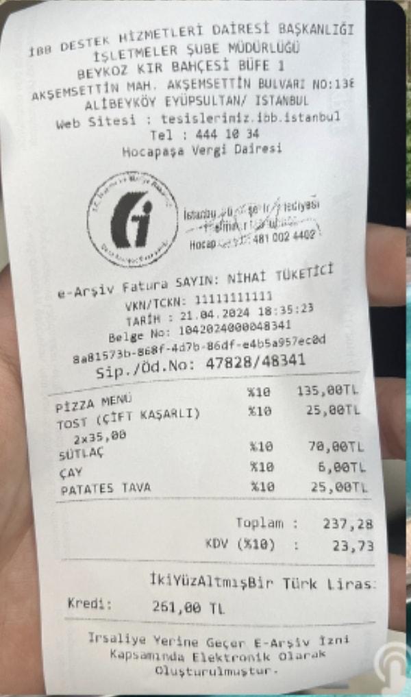 Şimdi de İBB Beykoz Sosyal Tesisi'nde 2 kişi için ödenen 261 TL'lik adisyon gündeme geldi. Pizza, tost, sütlaç, patates tava ve çayın bulunduğu adisyon ise ucuzluğuyla tam anlamıyla görenleri hayrete düşürdü.
