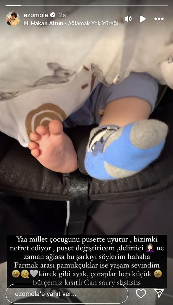 Oğluşunu uyuturken Hakan Altun'un "Ağlamak Yok Bebeğim" şarkısını söylediğini açıklayan ünlü oyuncu, Can'ın hızla büyüyen ayakları ve çorap derdine değindi.