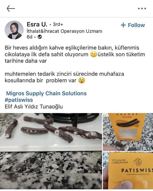 Linkedin'deki bir kullanıcı, aldığı Patiswiss çikolatayla ilgili şöyle bir paylaşım yaptı 👇