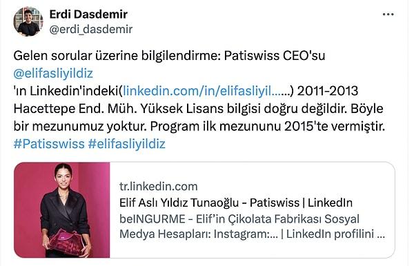 Ancak konu tam olarak kapanmış değil. Bugün Twitter'daki bir paylaşımda Elif Aslı Yıldız'ın Hacettepe Üniversitesi'nde yüksek lisans yapmadığı iddia edildi.