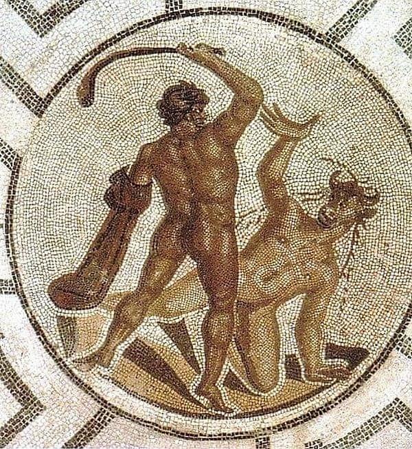 6. Theseus'un Minotor'u öldürdüğü sahneyi gösteren Roma mozaiği. Obje Retia eyaletinde (doğu İsviçre) bulunmuştur. M.S 1.-2. yüzyıla tarihlenen obje şu anda Almanya'daki Freiburg Üniversitesi Kütüphanesi'nde bulunmaktadır.
