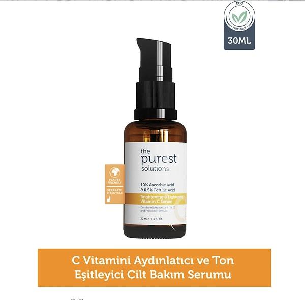 Purest Solutions, C Vitamini Aydınlatıcı ve Ton Eşitleyici Cilt Bakım Serumu, cildin ihtiyaç duyduğu temel antioksidanlardan biri olan C vitaminini içerir.