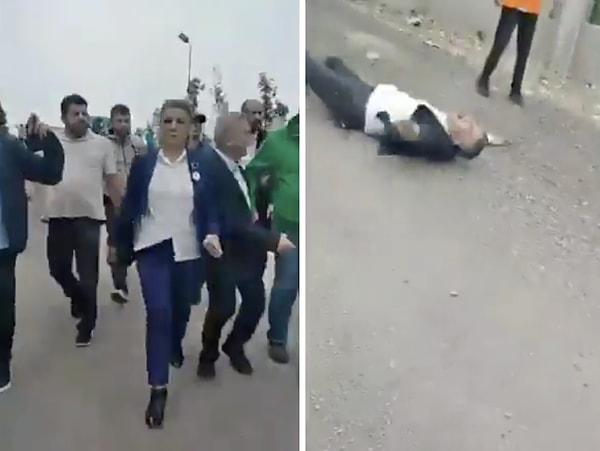 Olay yerine giden Fatma Hürriyet Kaplan'ın yanına gelen AK Partili İbrahim Efe kendini yere atıp yuvarlanmaya başladı.