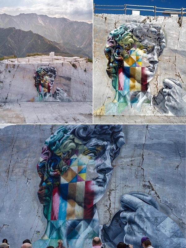 9. Eduardo Kobra'nın İtalya'nın Carrara kentindeki mermer ocaklarının tepesinde Michelangelo'nun Davut'unu resmettiği duvar resmi.