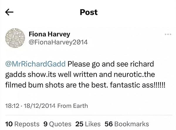 Fiona Harvey also tweeted about the comedy programs featured in the series, never shying away from tweeting about Richard.