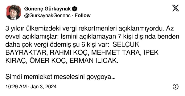 Av. Gönenç Gürkaynak, vergi rekortmenliğini bir isyan olarak paylaşsa da sosyal medyada bu konuda "övündüğü" şeklinde yorumlarla muhatap olmasıyla da tanınıyor.