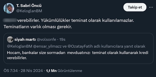 Bankacılık sisteminin para yaratımı konusundaki bir tartışmada, bir takipçisinin yaptığı yoruma küfürle cevap veren Öncü'ye yorumlar gecikmedi.