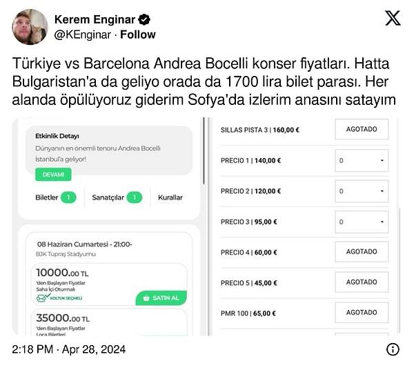 Sosyal medyada bir kullanıcı sanatçının dünya turnesi kapsamındaki fiyatlara bakınca Türkiye'nin İspanya'dan daha pahalı olduğunu gördü.