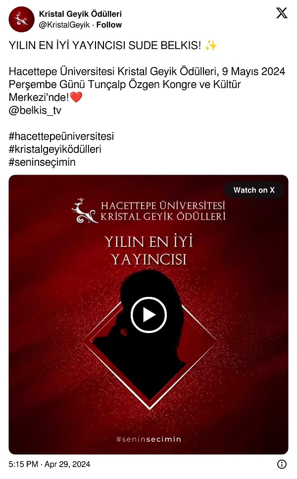 Yayıncılar arasında yeni bir kriz çıkartan Kristal Geyik Ödülleri'nin "En İyi Yayıncı" kategorisinde ödüle uzanan isim Sude Belkıs oldu.