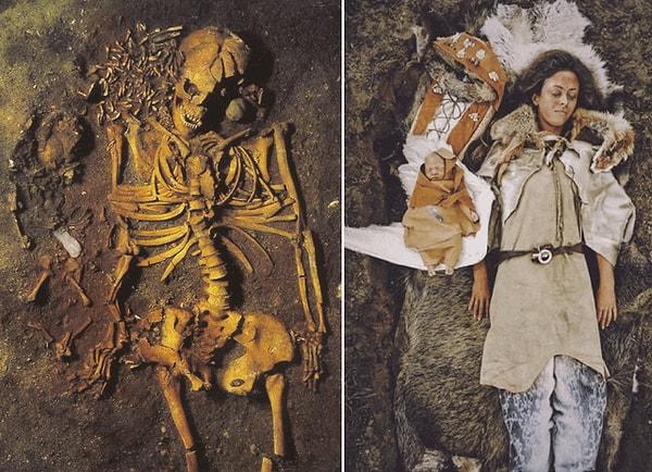 12. Danimarka, Vedbaek'ten 20 yaşlarında genç bir kadına ve yeni doğmuş bebeğine ait 7000-6000 yıllık bir gömü bulundu. Kadının başında 200 kızıl geyik dişi bulunurken, çocuk da bir kuğunun kanadına sarılmış ve kalçasının yanında çakmaktaşı bir bıçakla bulunmuştur. İkilinin doğum sırasında birlikte öldüğü düşünülüyor.