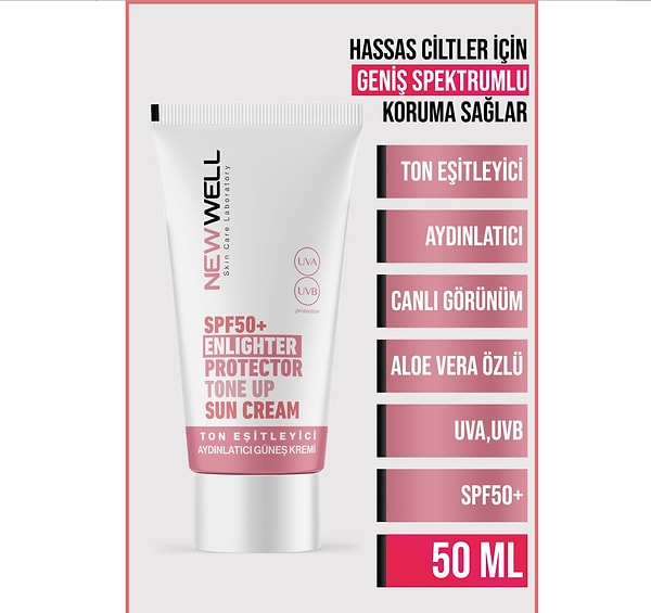 New Well Ton Eşitleyici yüksek Koruma Etkili SPF50+ Aydınlatıcı Pembe Yüz Güneş Kremi