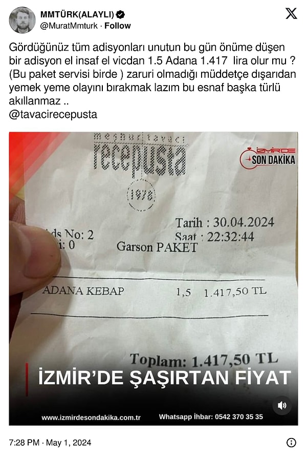 Bir buçuk porsiyonluk kebabın fiyatının 1400 TL'yi aşmasını bir kullanıcı bu şekilde yorumlayarak paylaştı.👇