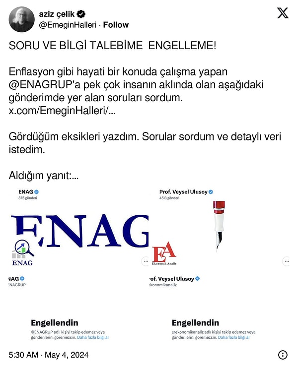 Çelik, "Enflasyon gibi hayati bir konuda çalışma yapan ENAGRUP'a pek çok insanın aklında olan aşağıdaki gönderimde yer alan soruları sordum" derken, "Gördüğüm eksikleri yazdım. Sorular sordum ve detaylı veri istedim. Aldığım yanıt: Engellendin!"