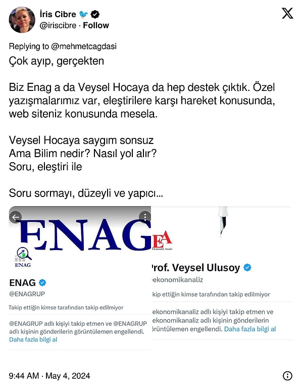 Işim'e cevap olarak finansal piyasalar uzmanı İris Cibre de şunları yazdı: