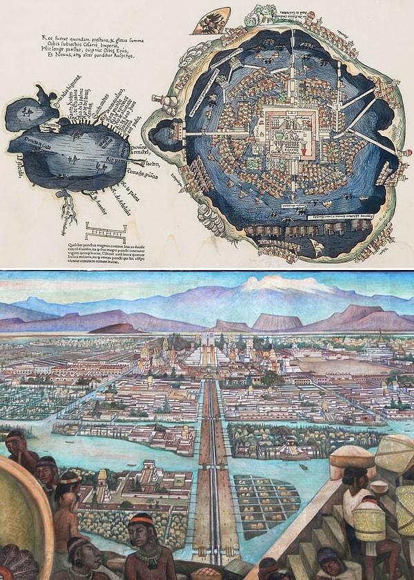 12. Aztek İmparatorluğu'nun başkenti Tenochtitlan'ın 1524 yılında Avrupalılar tarafından yapılan ilk  haritası ve 1945 yılında Diego Rivera tarafından yapılan şehrin duvar resmi. O zamanlar Texcoco Gölü olan yerde bir ada üzerine kurulmuş olan şehir, gezgin Hernán Cortes'in adamlarını hayretler içinde bırakmış ve birçoğu gördüklerinin gerçek olduğuna inanamamıştır.