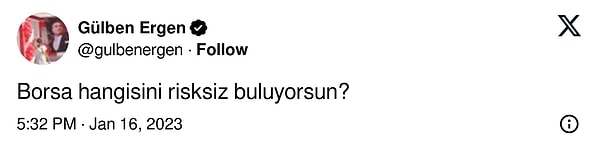 16 Ocak 2023'te nabız yoklayarak Borsa merakını paylaşan Gülben Ergen, piyasada düşüşlerin başlangıcı olarak görülmeye başlandı.