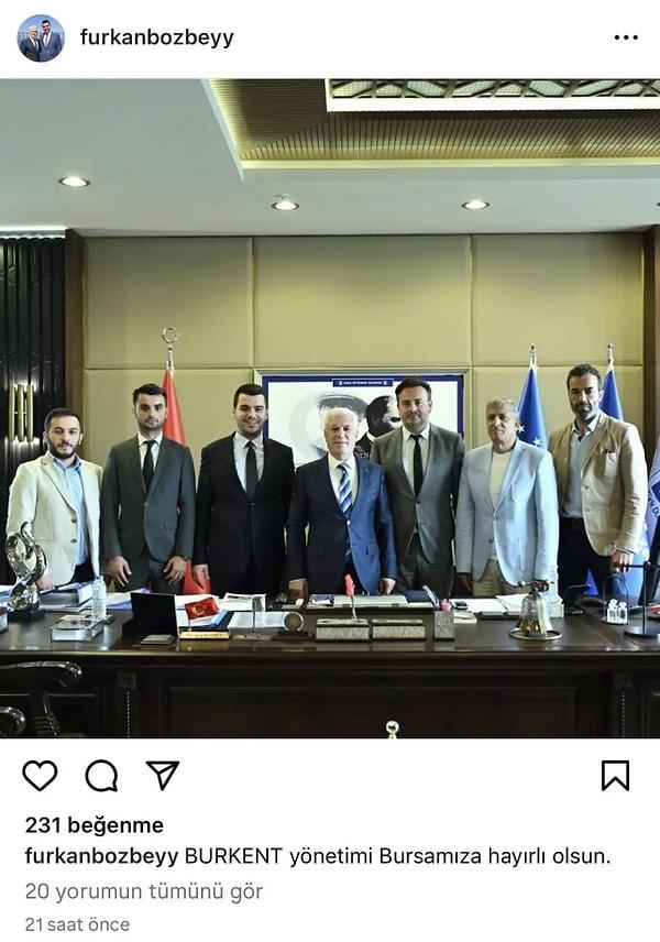 Furkan Bozbey, sosyal medya hesabından  kendisinin de bulunduğu bir fotoğraf paylaşarak altına "BURKENT yönetimi Bursa'mıza hayırlı olsun" diye yazdı. Furkan Bozbey daha sonra profiline 'BURKENT Yönetim Kurulu Başkanı' unvanını ekledi; ancak tepkilerden sonra bunu sildi.