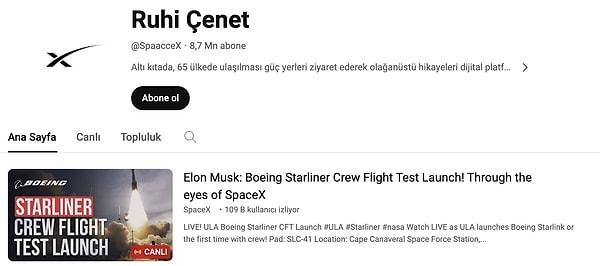 "Space X" adının verildiği kanalda, bir uzay mekiğinin fırlatılma anının canlı olarak yayınlandığı görüldü.