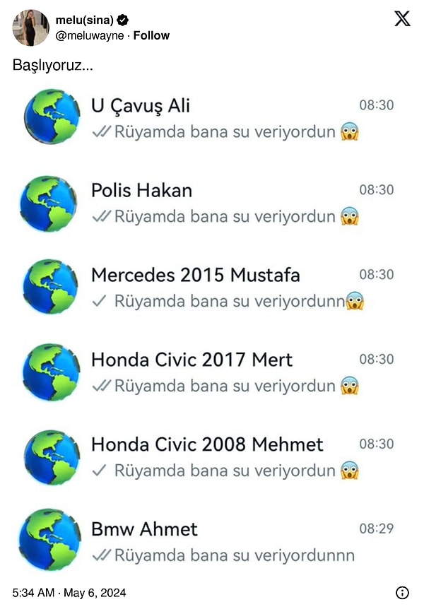 İşte, bir sosyal medya kullanıcısının sözde 'Rüyamda bana su veriyordun' listesi!