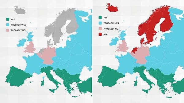 Haritada pembe ve kırmızı ülkelerde ise durum pek de iç açıcı değil. Buradaki insanların soruya yanıtı "muhtemelen hayır" ve "hayır" olmuş.