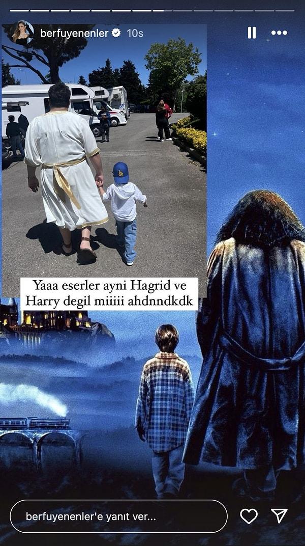Berfu Yenenler, eşi Eser Yenenler ve küçük oğlu Mete'yi Hagrid'le Harry'e benzetti.