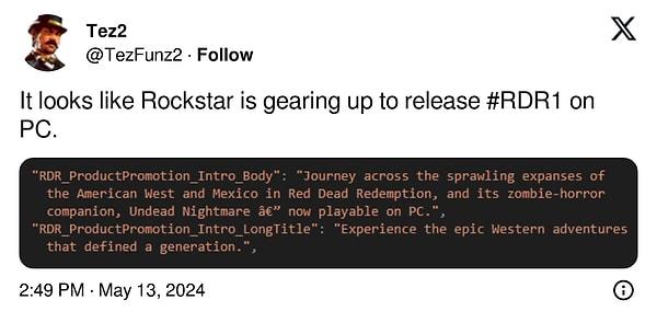 Rockstar Games istemcisinde keşfedilen kodlar oyuncuları Red Dead Redemption'ın PC sürümü için heyecan yarattı.