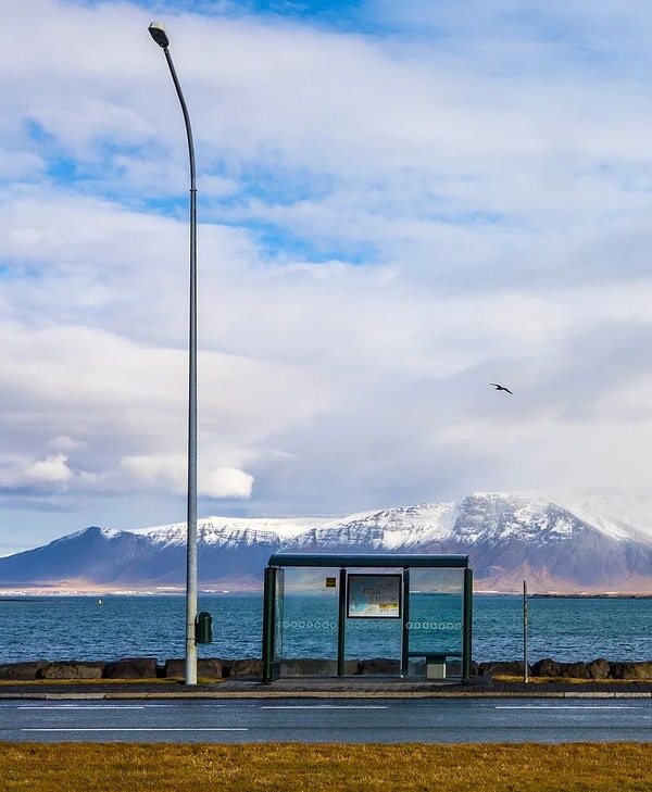 18. İzlanda'daki bu Reykjavik otobüs durağından Esja Dağı'nın görkemli manzarası görülebiliyor.