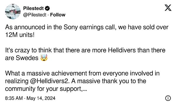 Sony, Helldivers 2'nin resmî satış rakamlarını açıkladı.
