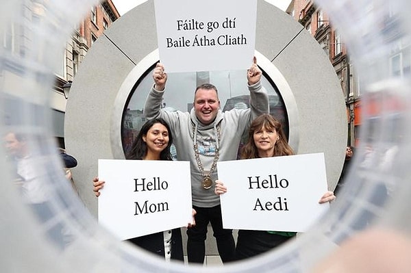 Citizens in Dublin and New York initially conveyed messages of love and brotherhood through the portal.